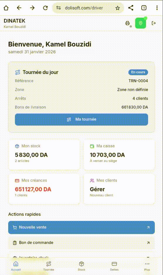 Capture réelle de l’espace livreur DOLISOFT sur mobile